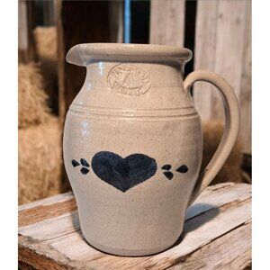 Pinewood Valley large Pottery Pitcher Salt Glazed blue heart 2 qt, USA